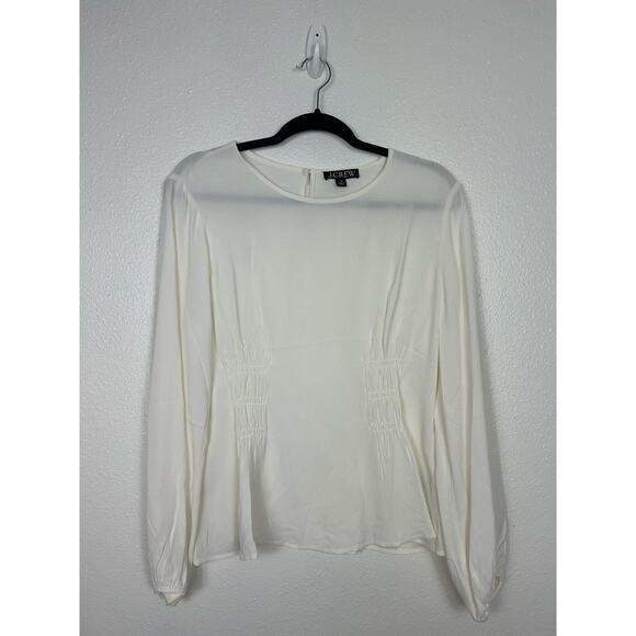 J. Crew Shirred Waist Viscose Crepe Long Sleeve Top Cream Sz 12 Peasant - Picture 3 of 7